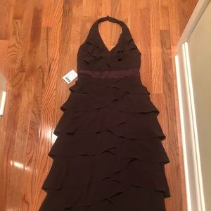 After six t length espresso ruffle halter dress